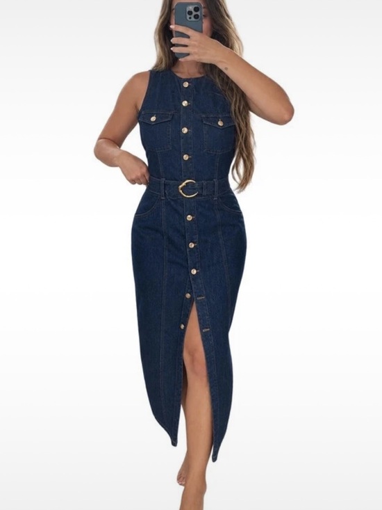 Zara Dresses & Skirts - Zara Dark Indigo Denim Midi Dress with Gold Ring Belt